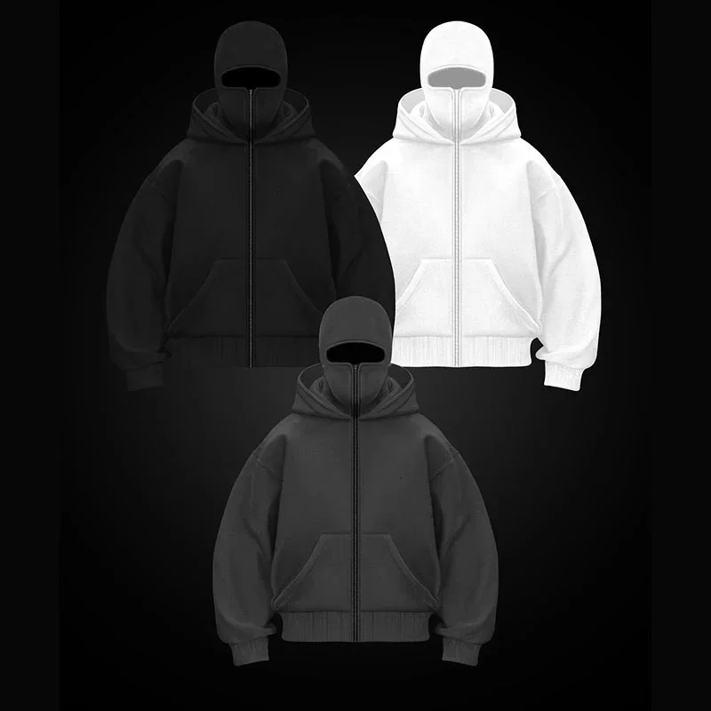 Sweatshirt with Hooded Face Mask Zipper Design Men Balaclava Zip Hoodie Autumn Winter Warm Sports Jacket Outdoor Activities