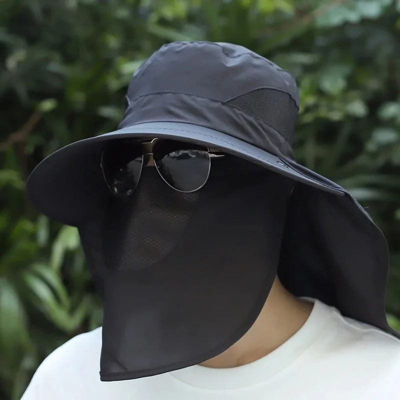 Summer Outdoor Fishing Caps Men Wide Brim UV Protective Mask Thin Casual Hats Sports Climbing Sun Hats