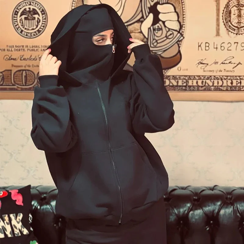 Sweatshirt with Hooded Face Mask Zipper Design Men Balaclava Zip Hoodie Autumn Winter Warm Sports Jacket Outdoor Activities