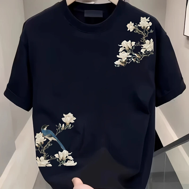 Summer Casual Men’s 100% Cotton Versatile Round-neck Short-sleeved T-shirt with Floral Pattern Print Outdoor Soft and Breathable