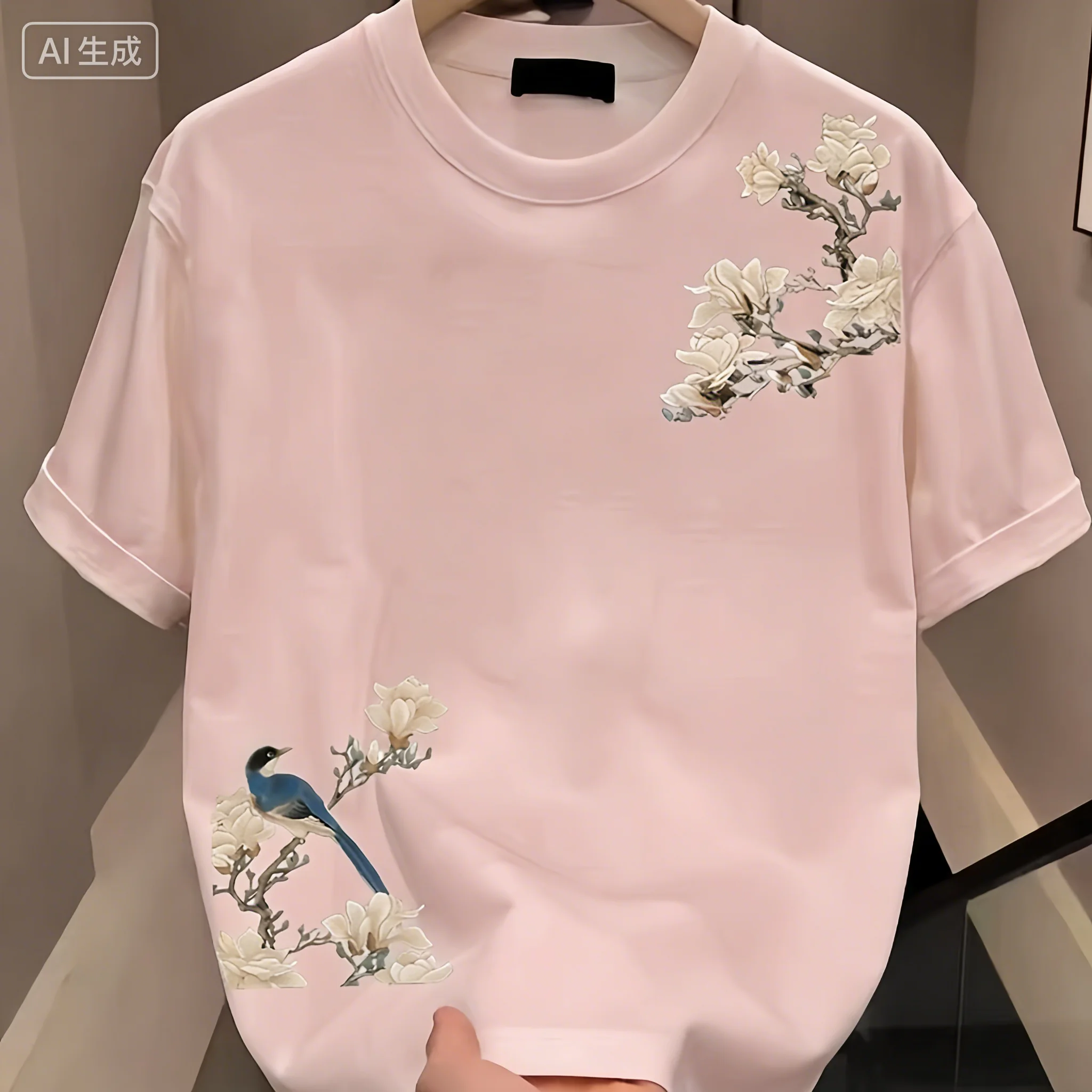 Summer Casual Men’s 100% Cotton Versatile Round-neck Short-sleeved T-shirt with Floral Pattern Print Outdoor Soft and Breathable