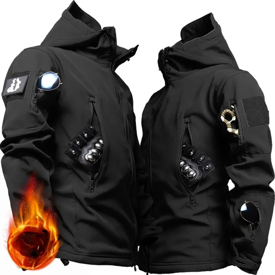 Thicken Warm Set Mens Winter Multi Pocket Hooded Tactical Jacket+Waterproof X7 Combat Pant 2-piece Outdoor Windbreak Train Suit