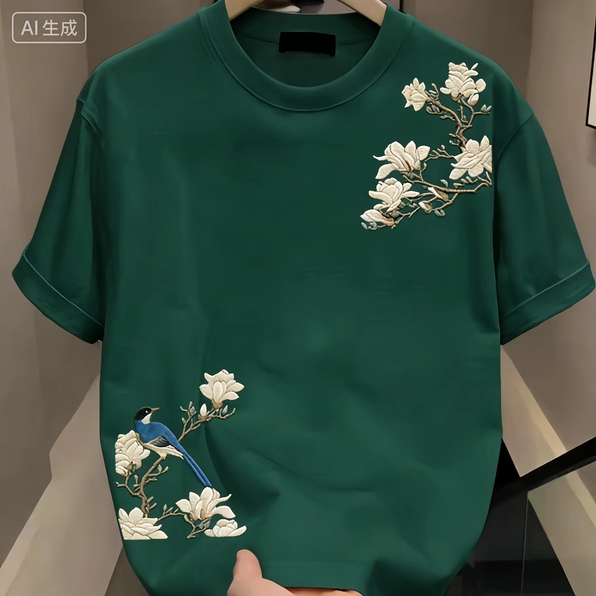 Summer Casual Men’s 100% Cotton Versatile Round-neck Short-sleeved T-shirt with Floral Pattern Print Outdoor Soft and Breathable