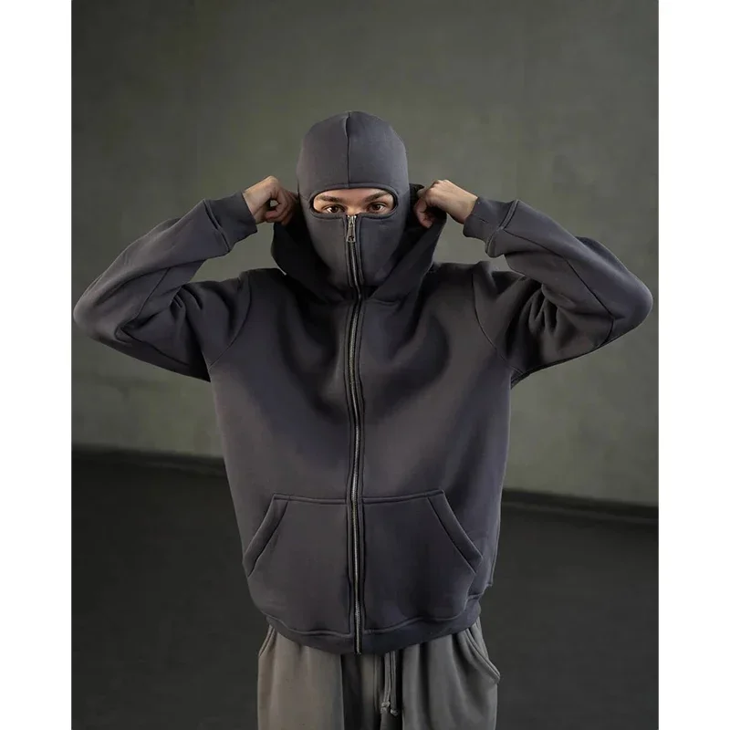 Sweatshirt with Hooded Face Mask Zipper Design Men Balaclava Zip Hoodie Autumn Winter Warm Sports Jacket Outdoor Activities