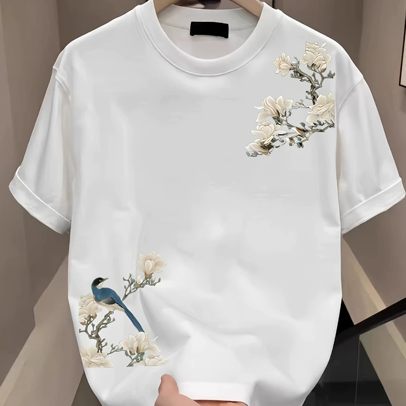 Summer Casual Men’s 100% Cotton Versatile Round-neck Short-sleeved T-shirt with Floral Pattern Print Outdoor Soft and Breathable