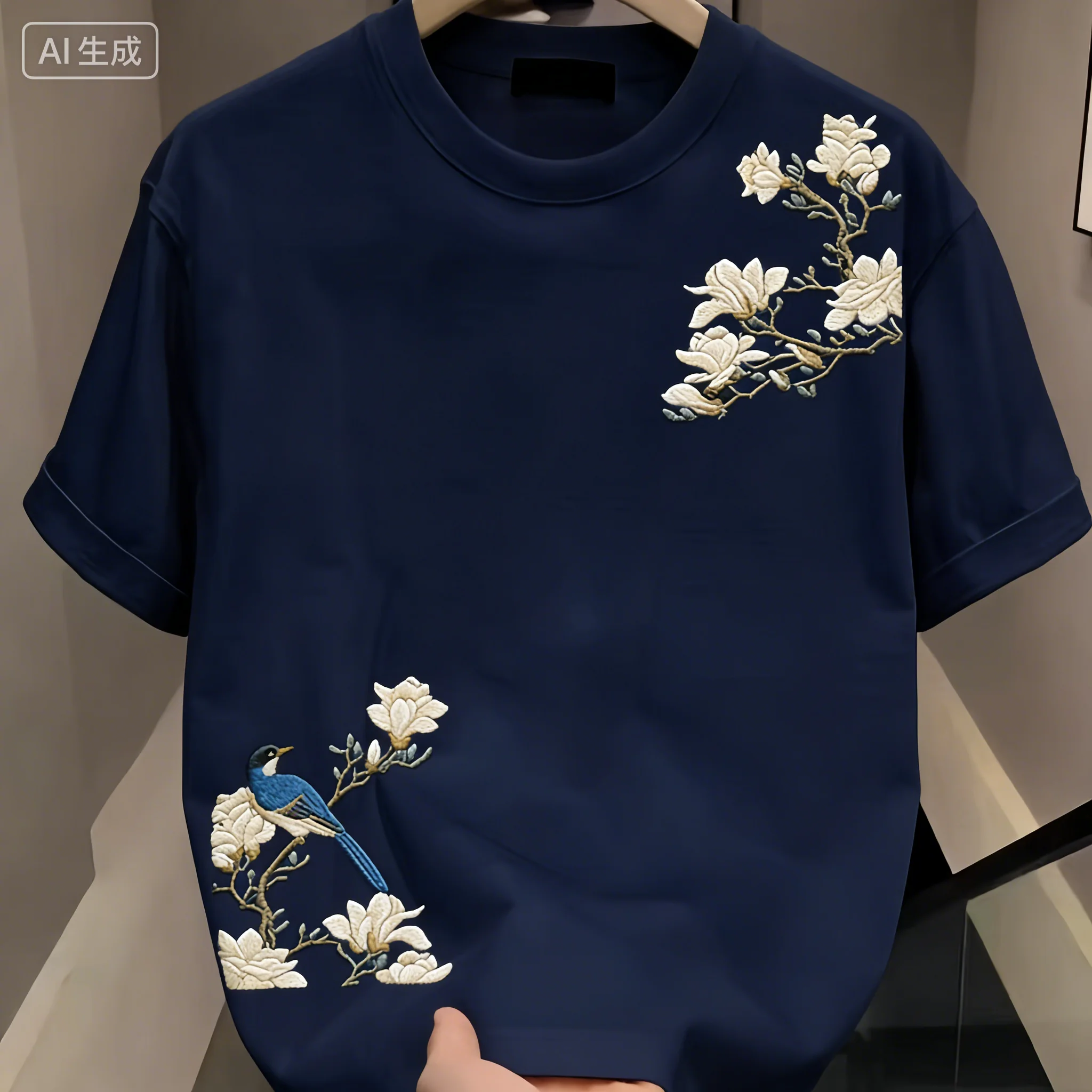 Summer Casual Men’s 100% Cotton Versatile Round-neck Short-sleeved T-shirt with Floral Pattern Print Outdoor Soft and Breathable