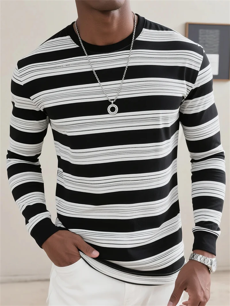 Retro Striped Graphic Long SLeeve T Shirts For Men Simple Fashion Spring Autumn 3D Printed T-shirts Casual Oversized Tees Tops