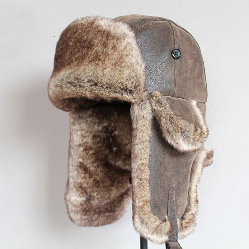 kf HTB1vnmZrYZnBKNjSZFGq6zt3FXaa.webp Bomber Hats Winter Men Warm Russian Ushanka Hat with Ear Flap Pu Leather Fur Trapper Cap Earflap for Women