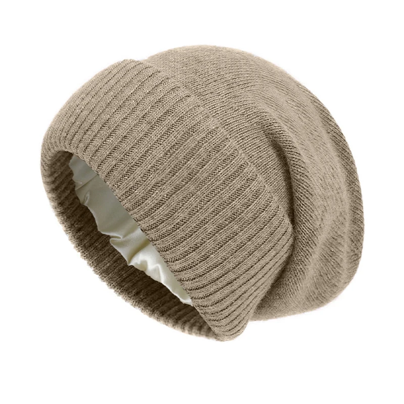 100shmere Beanie Hat for Women’s Winter Satin Lined Knitted Solid Skullies Cap Silk Lining Soft Warm Slouchy Bonnet