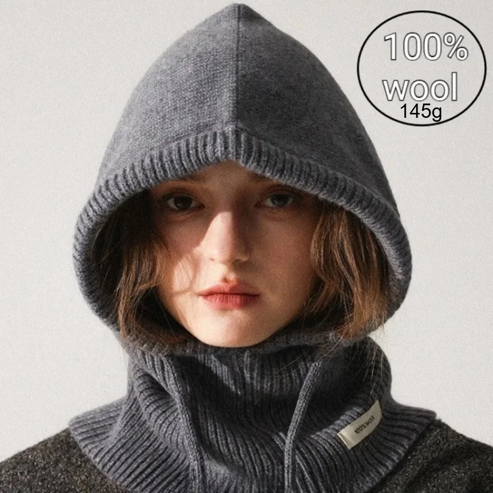 kf S0fc5582dcb70489dad6791e3cb4b4afdt.webp High Quality 100% Wool Slouchy Balaclava Hat for Women Knitted Scarf Hood Beanies Winter Warm Skiing Hat Outdoor Ear Protection