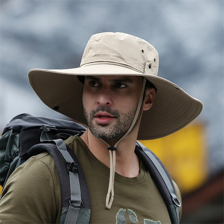 kf S12a1cf1750154c808759d40fd8605566A.webp 2025 New Fashion Summer Bucket Hat Cowboy Men Outdoor Fishing Hiking Beach Hats Mesh Breathable Anti UV Sun Cap Large Wide Brim