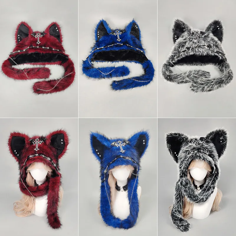 Dark Series Gothic Plush Hat Y2K Cross Metal Style Headwear Cosplay Cat Ear Hat Halloween Punk Rock Warm Cap for Women Men Child