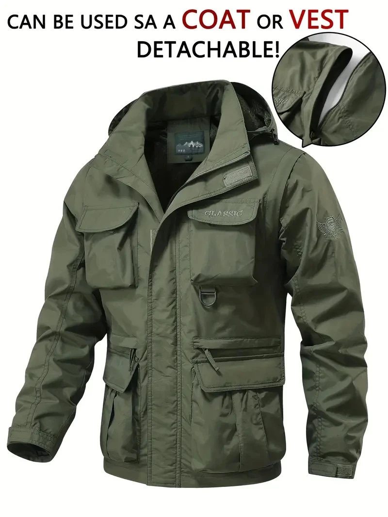 kf S384fee0d7ff84516b94be531b8a0dc07i.webp Detachable windproof sleeved hooded jacket suitable for outdoor activities men’s casual waterproof multi pocket jacket vest
