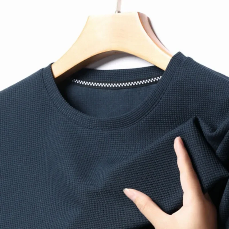 kf S501df1c4abcf428f98a58fe08eb2a95eM.webp Short sleeved Polo shirShort sleeved Waffle Solid Polot fashion splicing men’s round neck top cotton daily short sleeved T-shirt