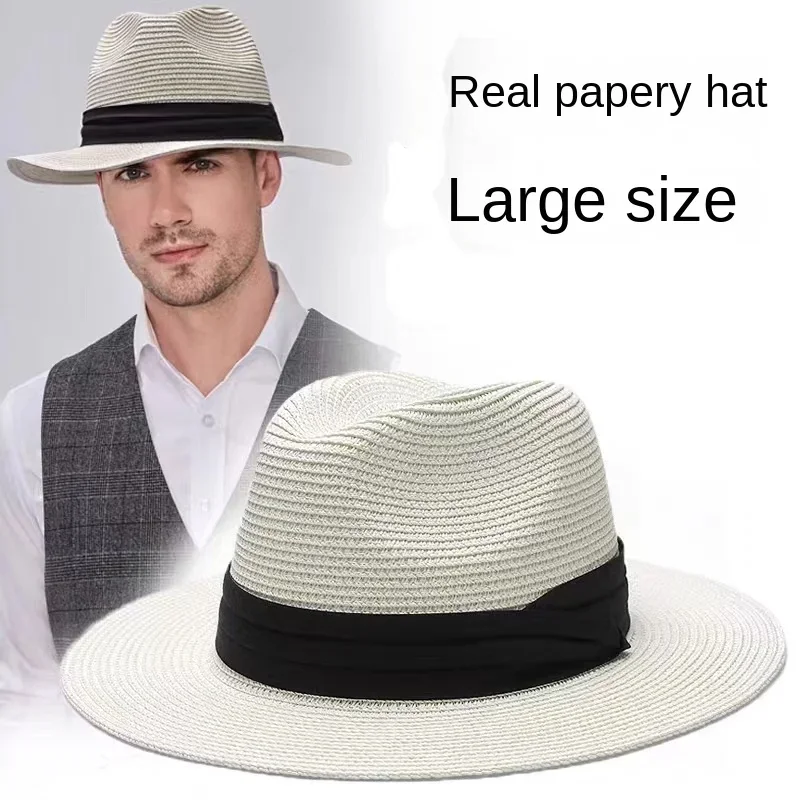 kf S899f85b0db4a42f78325692c07b8c12aR.webp Male Foldable Big Head Straw Hat Panama Summer Outdoors Cowboy Hat Sandy Beach Sun Hats Man Plus Size Fedora Hat 57CM 60CM 64CM