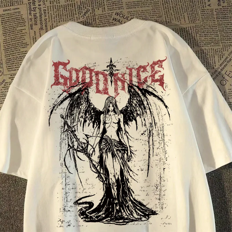 kf S97b8430a6f8e4c93b0d72dbd5f364d26A.webp 2025 New Heavy Short-sleeved T-shirt American Retro Sword-wielding Angel Printed Short-sleeved Men’s and Women’s Loose Top