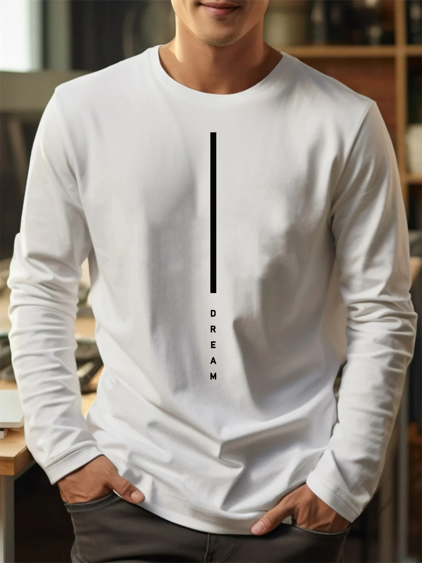 kf S997514cfb9c84079ad6f0049ddc115e6Y.webp Men’s 100% pure cotton loose fit plus size comfortable casual DREAM letter printed round neck long sleeved T-shirt top