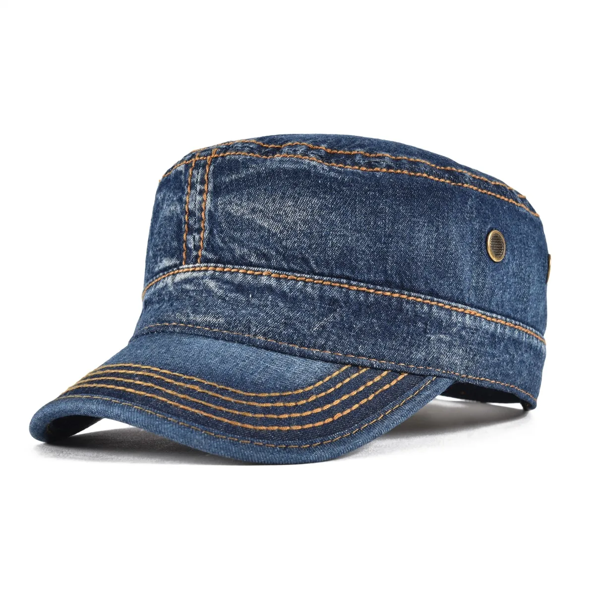 kf S9b6cadbd1f4e470aa0b05f7b887347425.webp VOBOOM Denim Army Cap Men Washed Cotton Bucket Hat Spring Fall Headpiece Flat Top Adjustable Peaked Visor Hats Trucker Hats