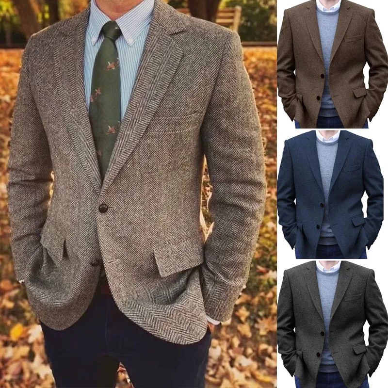 kf Sa432ae4a4732489ebaaa8e850f76fb29g.webp Premium Men’s Suit Brown Blazer Prom Tuxedos Herringbone Tweed Single Breasted Formal Bussiness Jacket for Wedding(Only Coat)