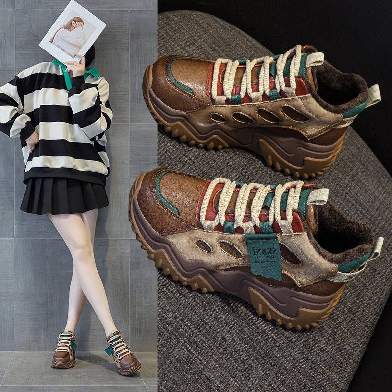 kf Sa9b5cbb38b774257a9a5e3238d040ea8d.webp Womens Brown Green Color Block High Top Chunky Platform Dad Sneakers Fleece Lined Lace Up Height Increasing Warm Sports Shoes
