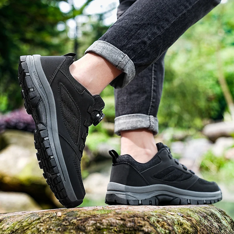 Male Sneakers Stylish Rotating Buckle Hiking Boots Solid Color Comfortable Non-slip Sporty Shoes Plus Size Men Shoes Leather