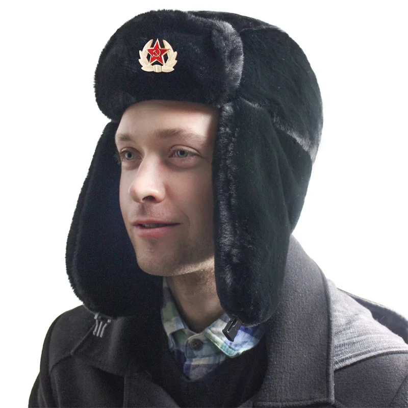 kf Sc21403435861455aab6bb27ffc9b028c8.webp Soviet Army Military Badge Russia Ushanka Bomber Hats Pilot Trapper trooper Hat Winter Faux Rabbit Fur Earflap Men Snow Caps
