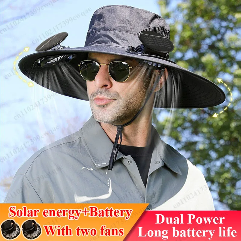 kf Sc585958d174043d9918c0f4065e8ea6ac.webp 2025 Wide Brim Solar Fan Hat Sun Protection with Dual Power (Solar USB) Adjustable Outdoor Beach Hike Fishing Hat for Men Women