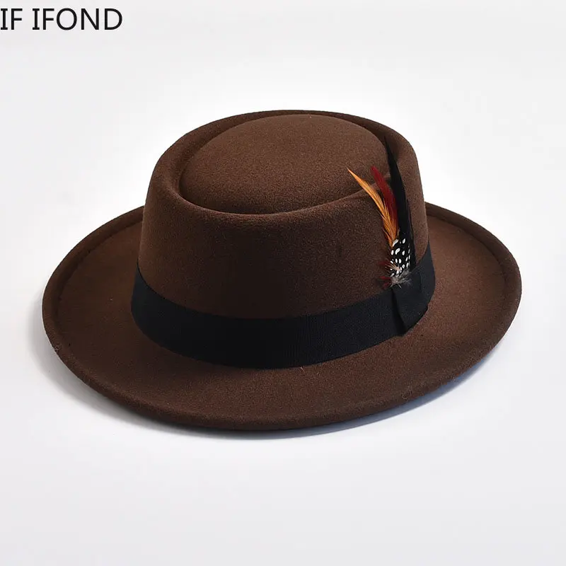 kf Sc78bdcd16bc9464e8c9174d5bdbc595fS.webp NEW Vintage Pork Pie Hat Mens Rolled Brim Felt Fedora Hat with Feather Gentleman Church Cap Trilby Jazz Hats