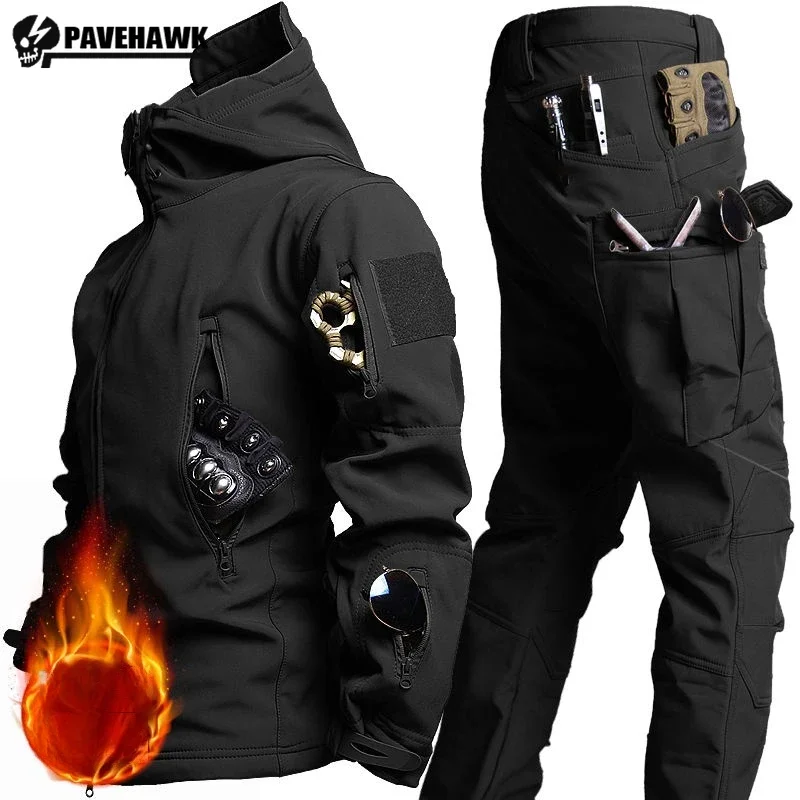 kf Sd9123eea37a5491b991707cff1eaf2ceR.webp Thicken Warm Set Mens Winter Multi Pocket Hooded Tactical Jacket+Waterproof X7 Combat Pant 2-piece Outdoor Windbreak Train Suit