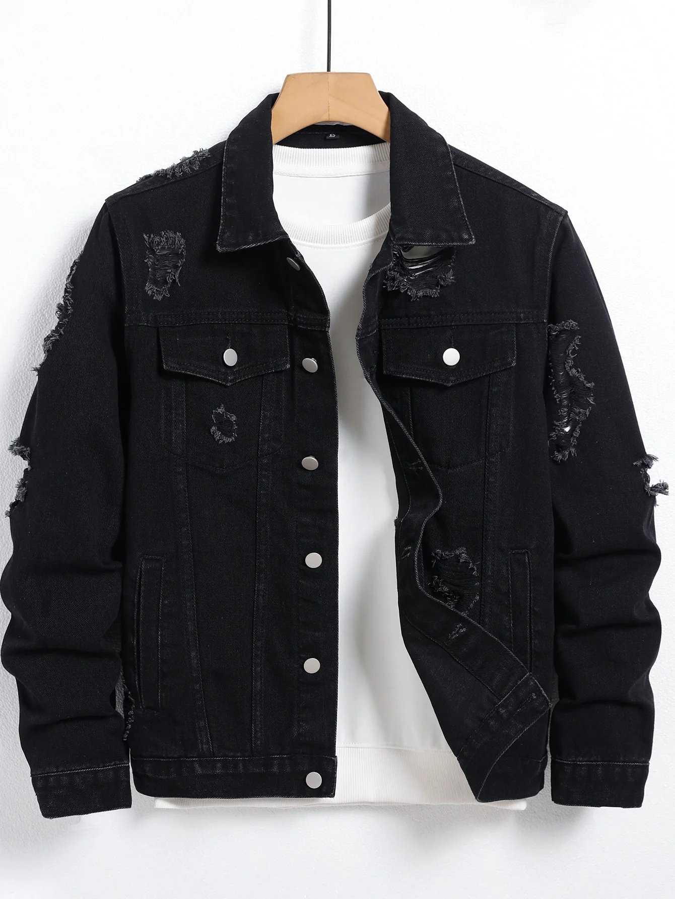kf Sd92d5e6688364d1caf24a0fff1be67a0Q.webp Men’s Denim Jacket – Black Regular Jacket, Street Fashion with Rips, Suitable for Daily Casual Outings