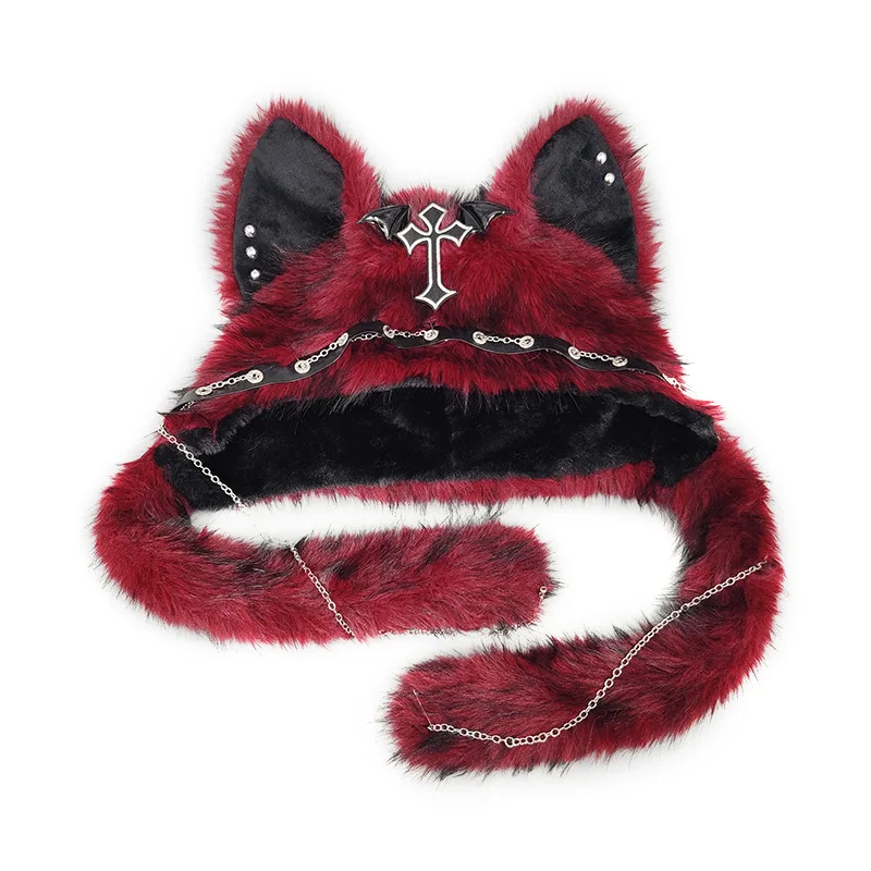 Dark Series Gothic Plush Hat Y2K Cross Metal Style Headwear Cosplay Cat Ear Hat Halloween Punk Rock Warm Cap for Women Men Child
