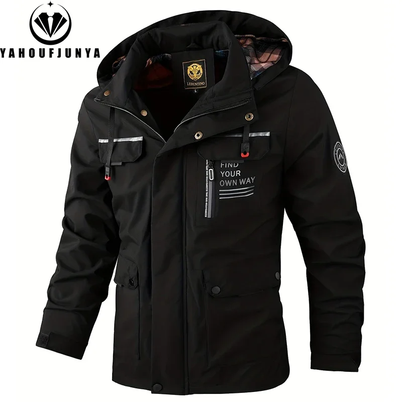 2025 Spring Autumn Men Outdoor Windbreak Removable Hooded Jacket Men Solid Casual Fashion Loose Jacket Coat Male Clothing Tops