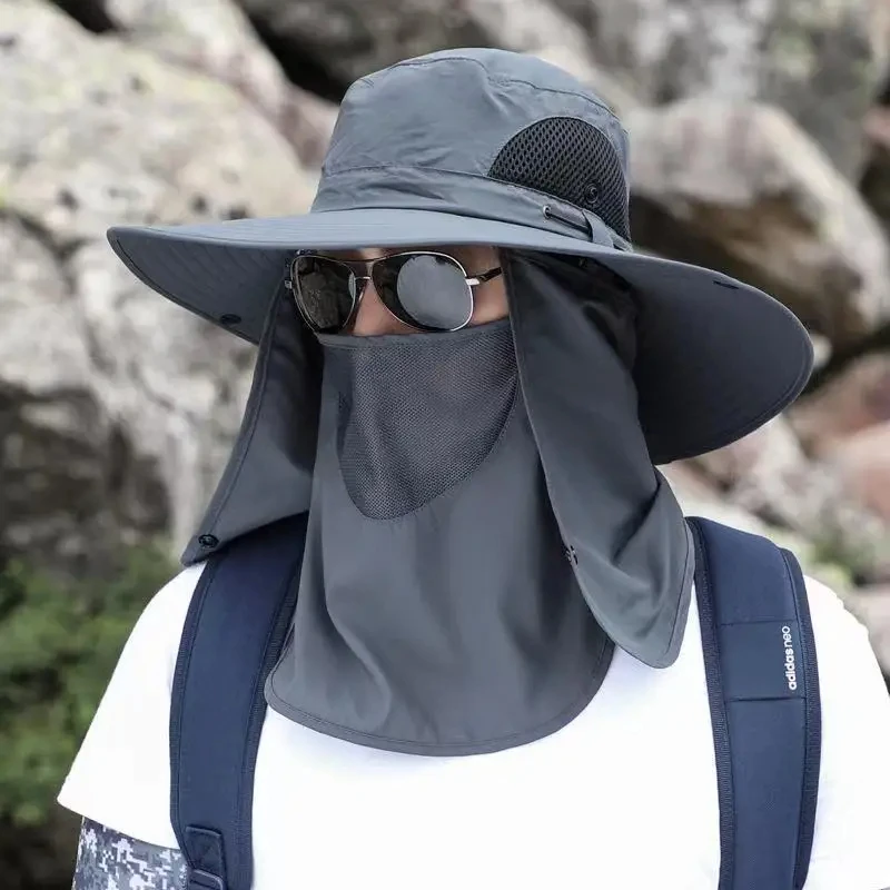 kf Sf85aa35131e5447ea93332e683dcea6d8.webp Summer Outdoor Fishing Caps Men Wide Brim UV Protective Mask Thin Casual Hats Sports Climbing Sun Hats